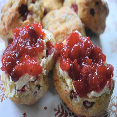 Cranberry Orange Scones with Cranberry Sauce cut in half.